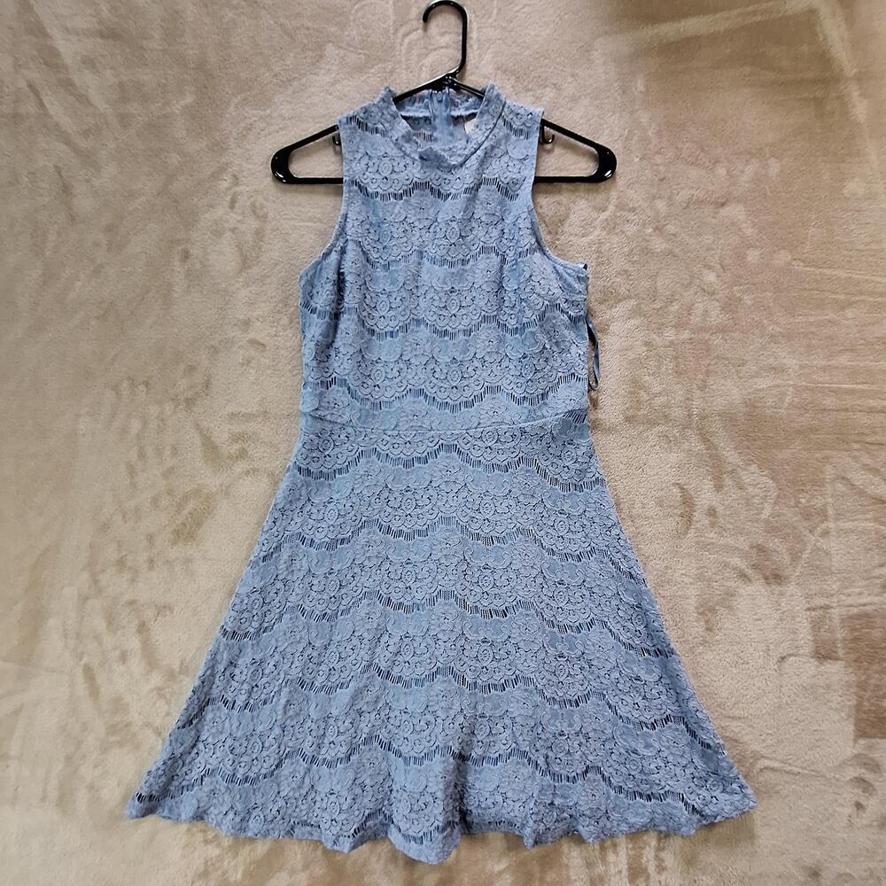 Francesca's Dress Womens M Blue Lace Sleeveless Fit & Flare A-Line Mock Neck